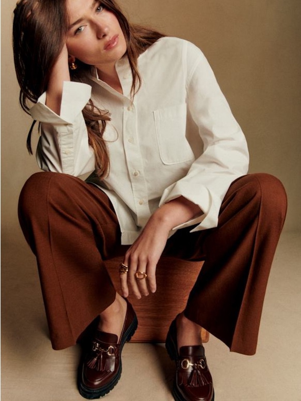 Sezane Brown Leather Tassel Loafers with Black Lug Sole - Picture 4 of 11